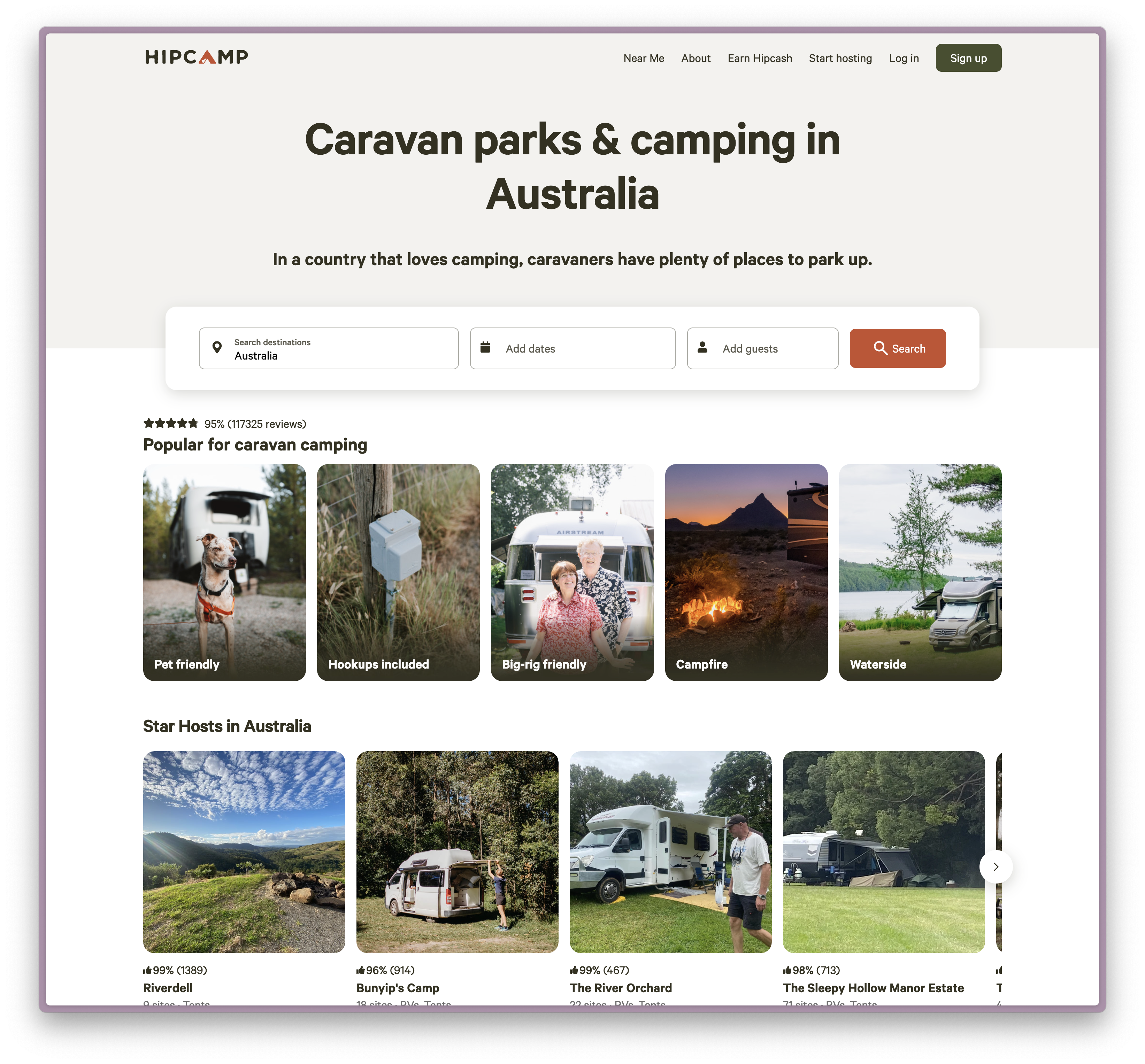 Hipcamp Australian caravan park search