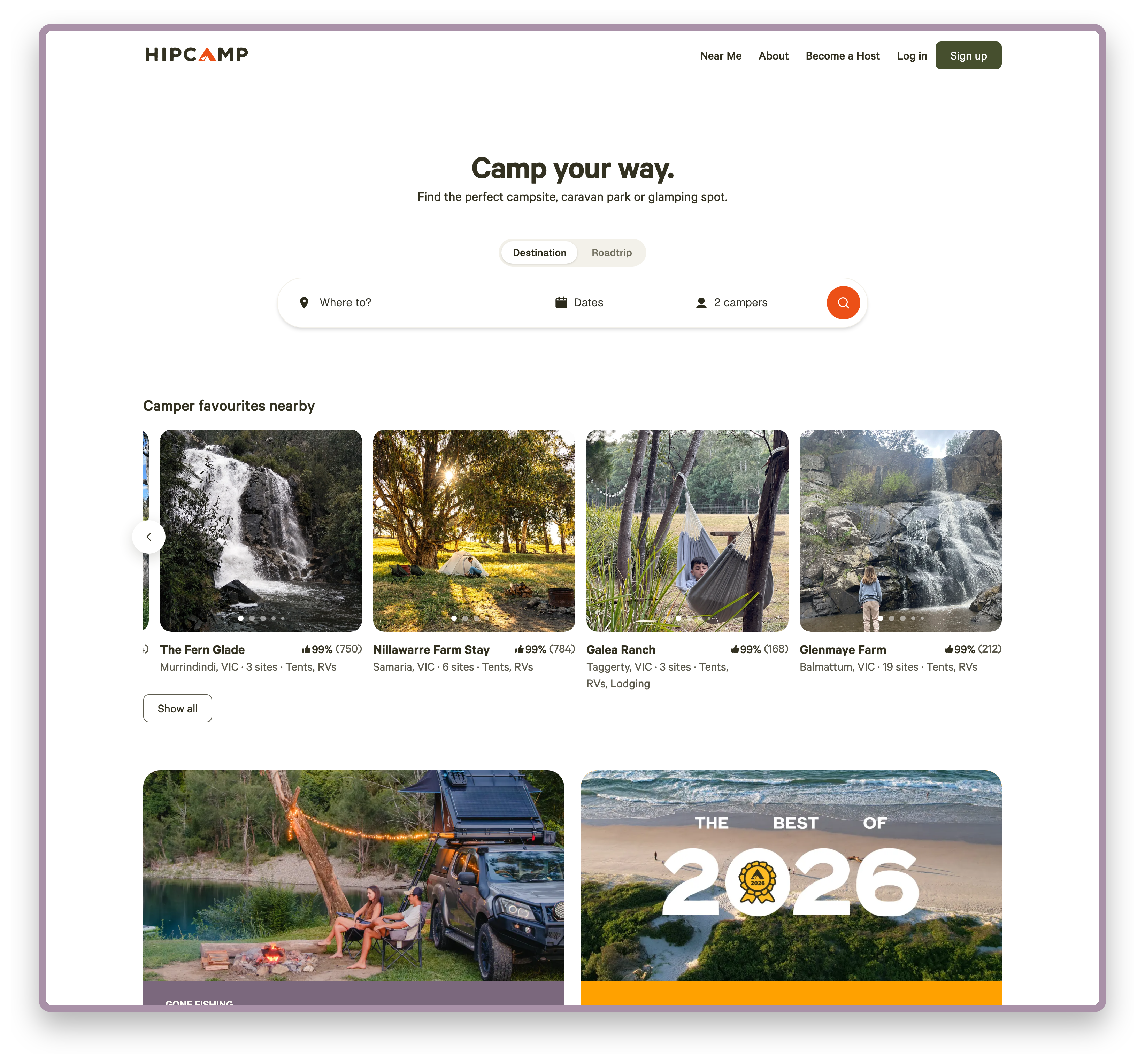 Hipcamp Australia home page